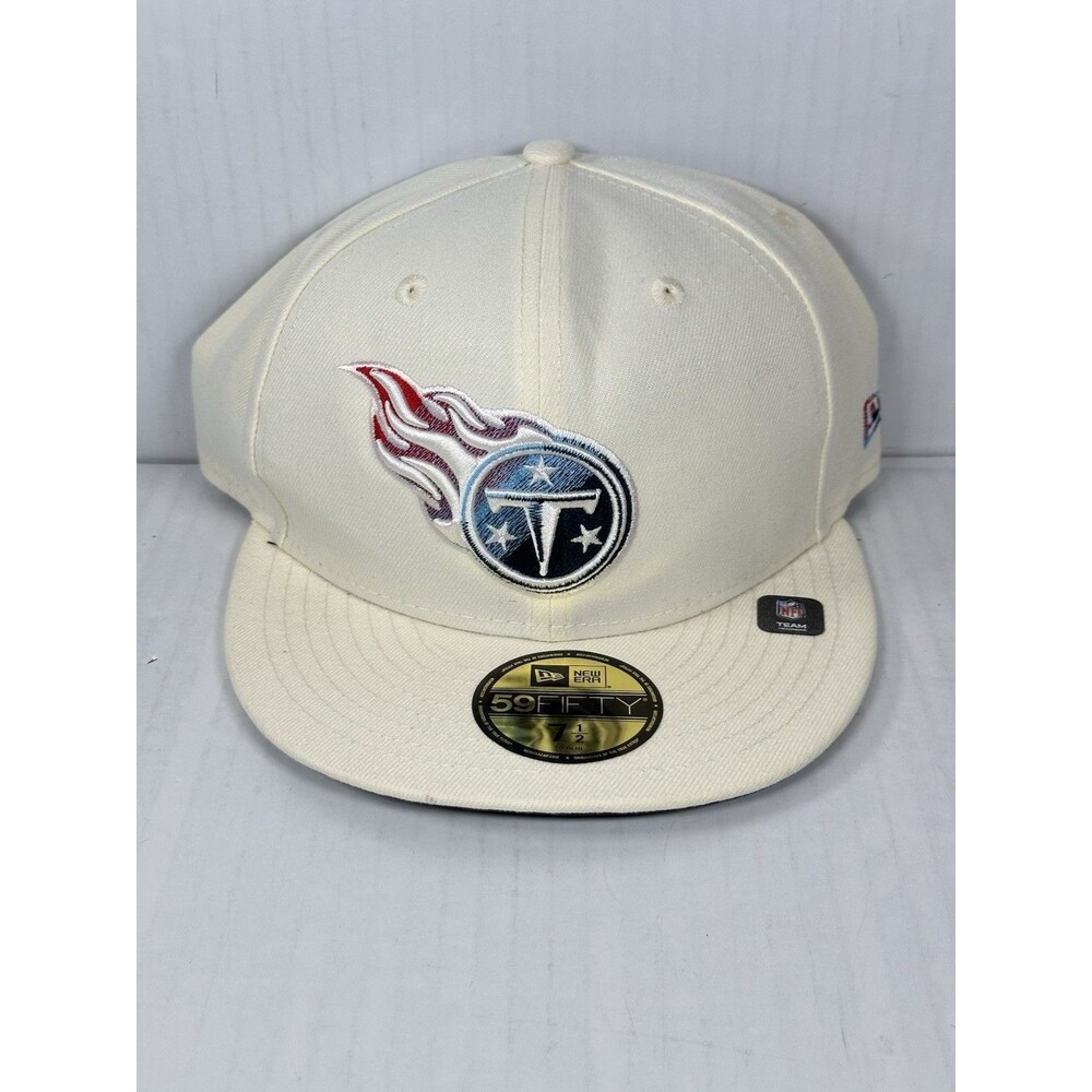 Size 7 1/2 New Era Tennessee Titans 59FIFTY Chrome Color Dim Cream Fitted Hat